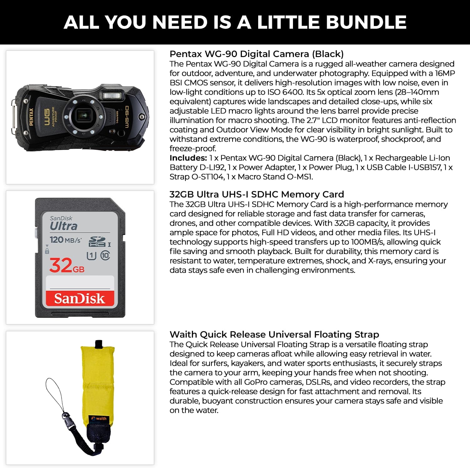 Pentax WG-90 Waterproof Digital Camera (Black) | 2.7' LCD Monitor Display Camera with 32GB Ultra UHS-I SDHC Memory Card and Waith Quick Release Camera Floating Strap (Yellow) - Essential Bundle Kit