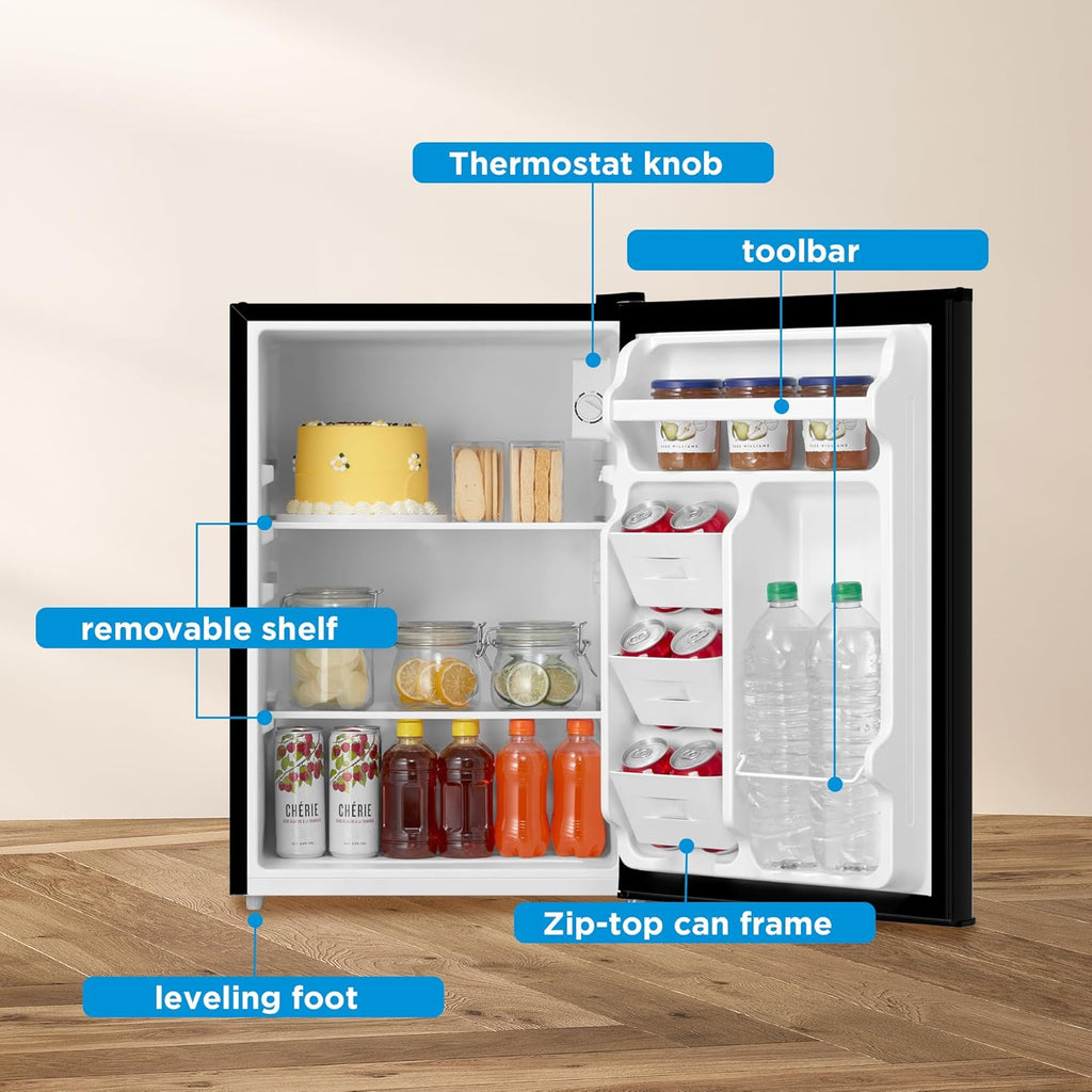 Midea MERM26B0ABB Mini Fridge, 2.7 Cu.ft Energy Star Certified Mini Refrigerator, Adjustable Thermostat, Reversible Door, Low Noise for Dorm, Office, Bedroom, Black