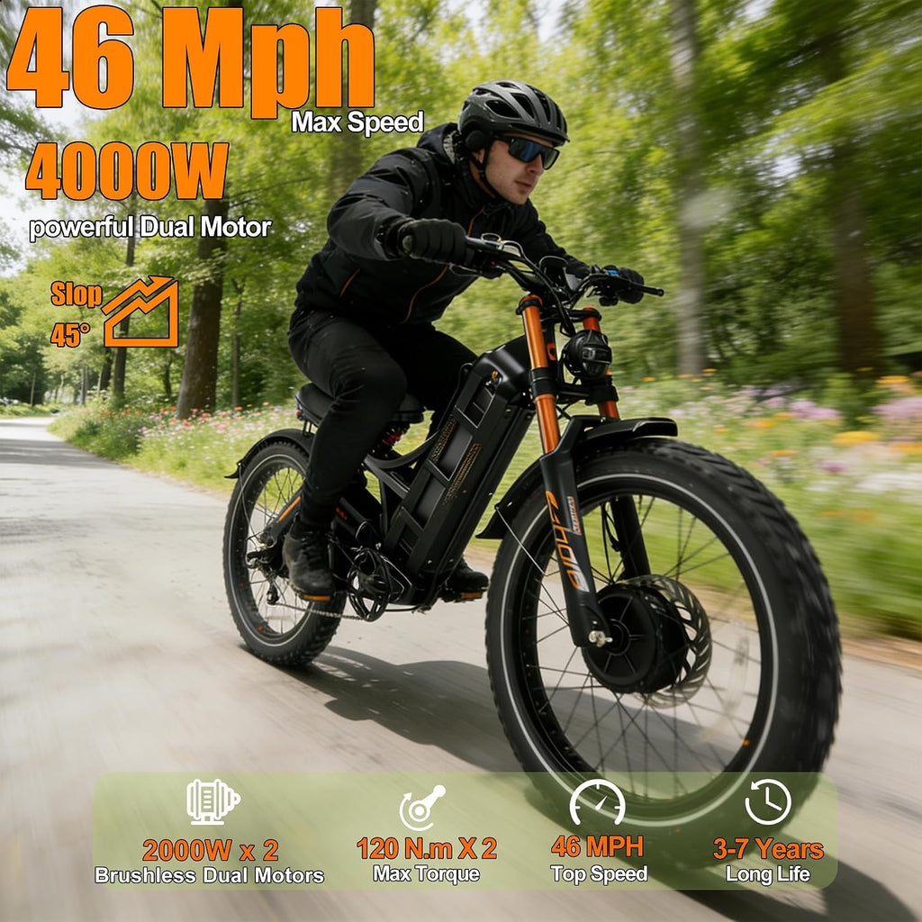 2026 eAhora Romeo Pro 3 Electric Bike for Adult, Peak 5600W Dual Motor, 50mph, 60V 80Ah Battery, 250 Miles Long Range, 26'*4.0 Fat Tire, Air Suspension, App, Commute, Delivery, All-terrian