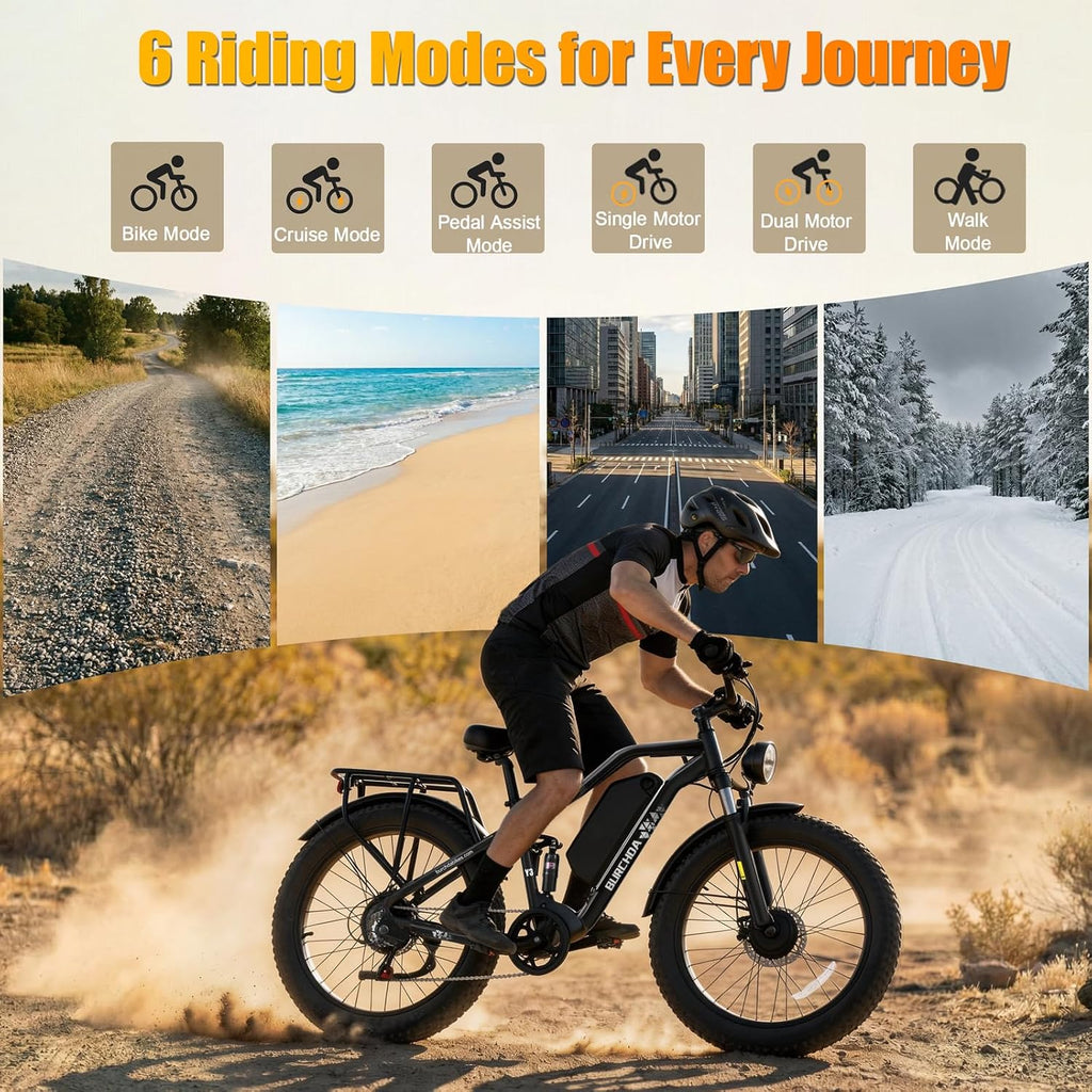DAMSON Electric Bike for Adults Dual Motor AWD 5000W/3000W/1500W Peak 40MPH/30MPH Dirt Ebike, 52V/48V Max-Output Up to 65/80/120/160 Miles Long Range, 26' Full Suspension Fat Tire Mountains Bicycle