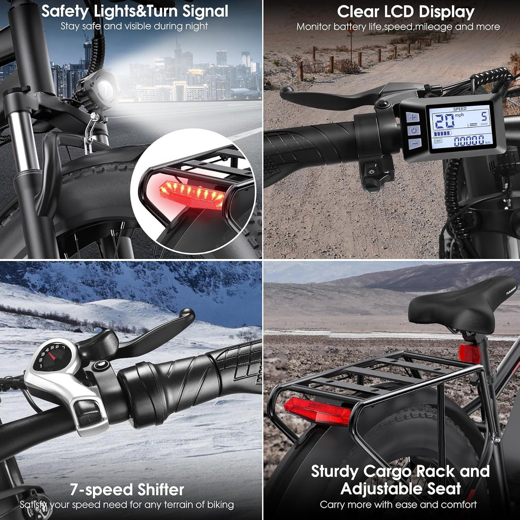 Electric Bike for Adults, 1000W Peak 20MPH 60Miles Ebike,48V 13AH Battery Electric Mountain Bike, 26' x 4'' Fat Tire Electric Bicycle with Rear Rack, Fenders, 7 Speed, UL 2849 Certified