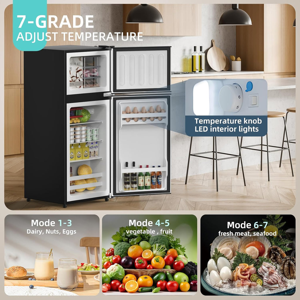 Cucina Magica 3.8 Cu Ft Mini Fridge for Bedroom, 2 Door Small Fridge, 7 Level Thermostat, LED Light, Small Refrigerator for Bedroom, Office, Dorm