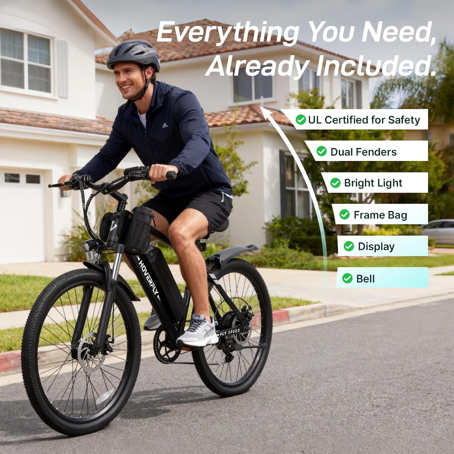 Hoverfly OUREA 26' Electric Bike for Adults, 750W Peak Motor Mountain Ebike, Max 20MPH, Up to 40 Miles, UL2849 Certified, 7-Speed, Removable Battery, Shock Absorber, Fat Tire Commuter E-Bike