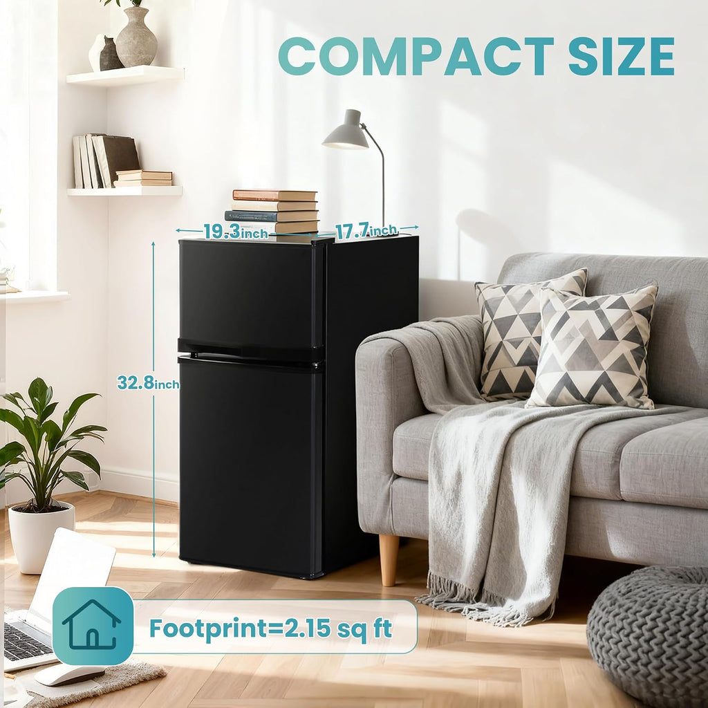 Tehanld Double Door Refrigerator with Freezer, 3.55 Cu.Ft, Small Fridge with Freezer, 7 Settings Temperature Adjustable, Mini Refrigerator for Office and Apartment Bedroom Dorm(3.55 Cu.Ft, Black)