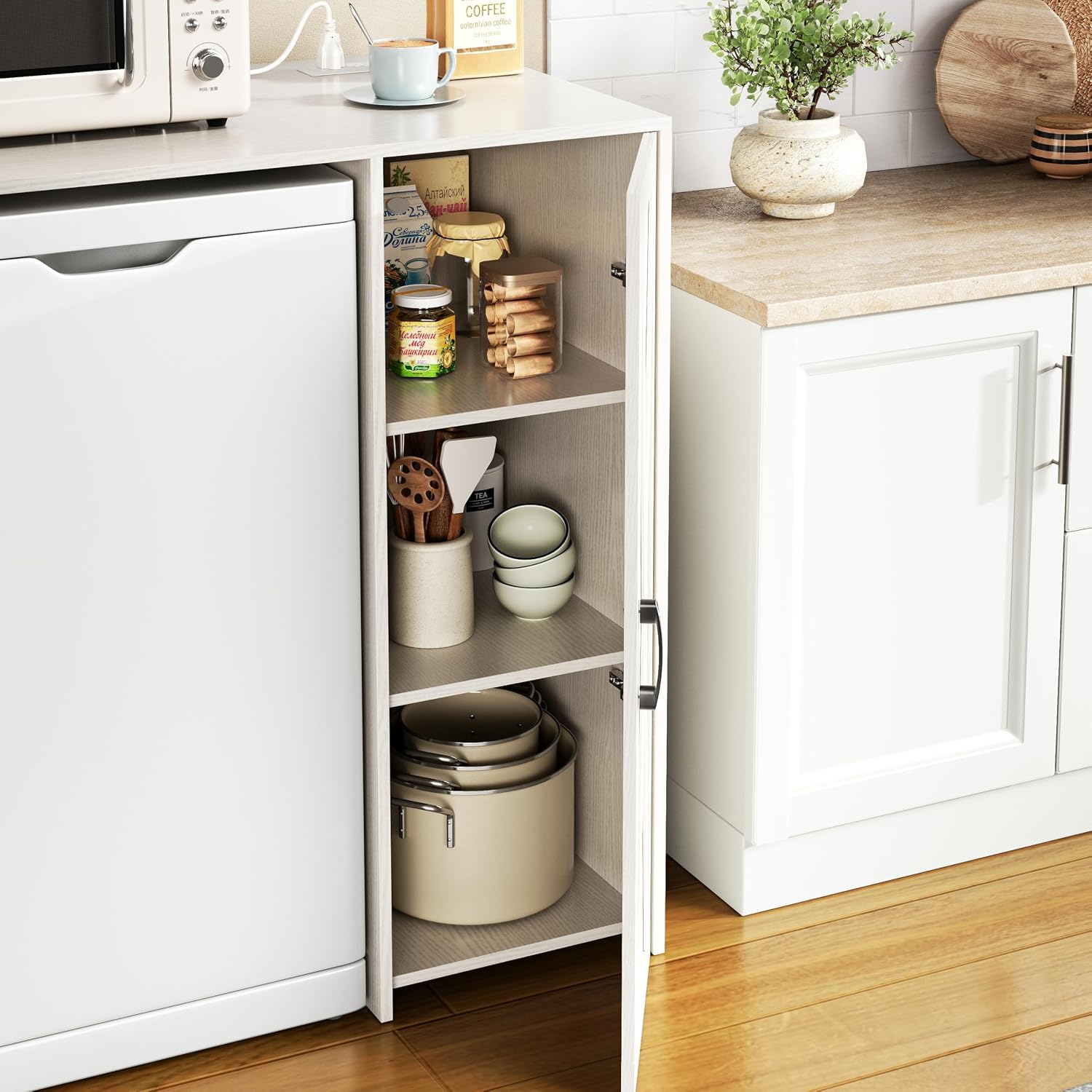 Herture Mini Fridge Cabinet with Storage, Coffee Bar Cabinet with Power Outlet, Fits 24' Wine Fridge, 3-Tier Organizer, Refrigerator Stand for Kitchen, Apartment, or Home Bar White KH01MRW