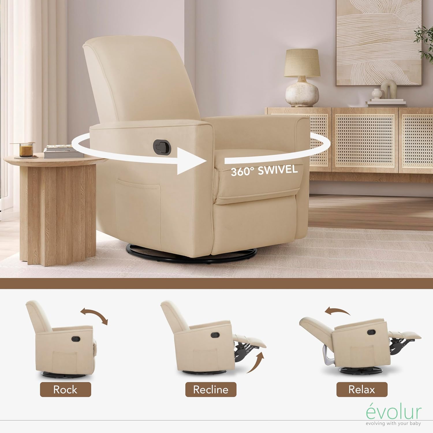 Evolur Raleigh Upholstered Manual Glider Recliner– Rocking & 360° Swivel with Smooth Glide – Greenguard Gold & FSC Certified – Modern Nursery and Living Room Chair in Tan
