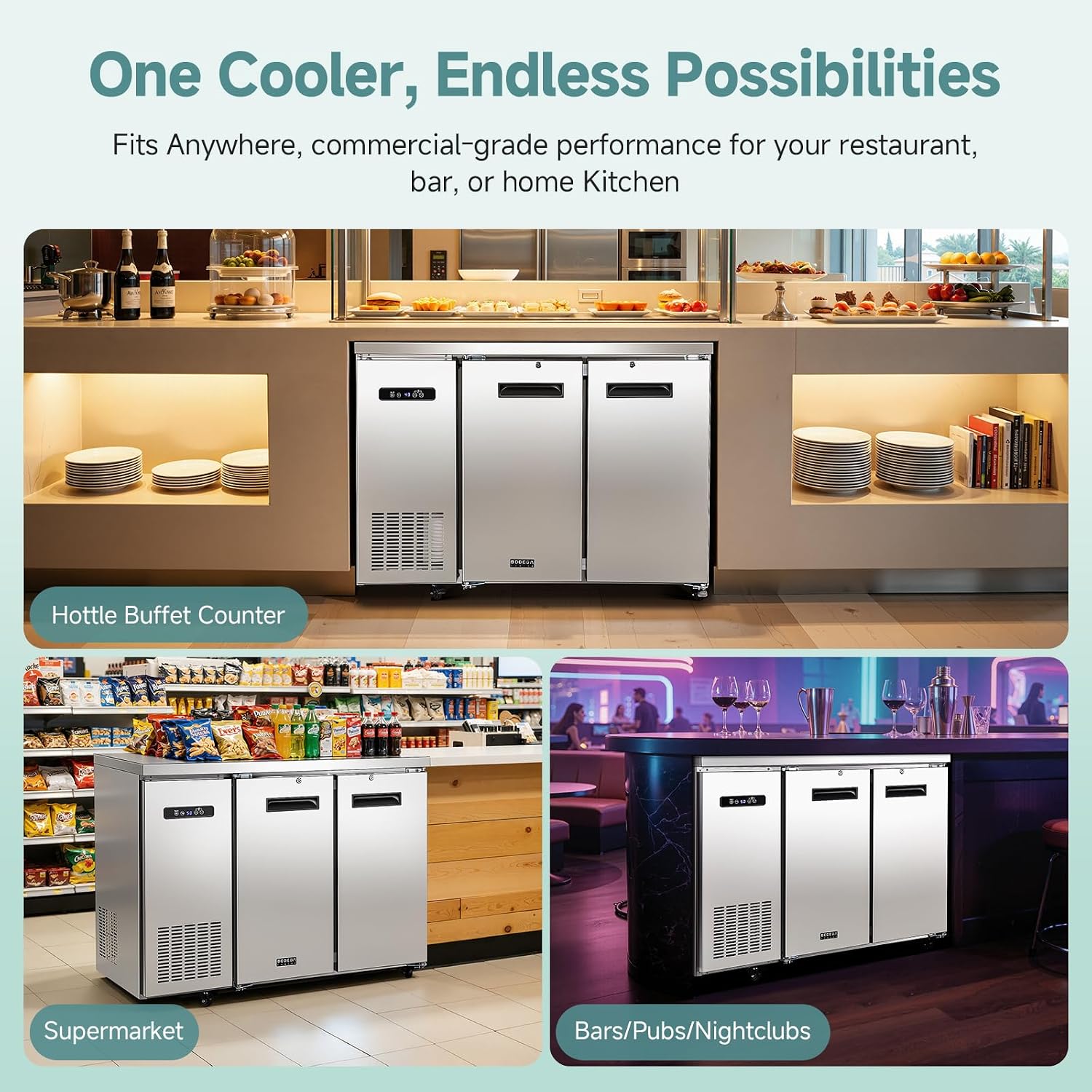 BODEGA BODEGACOOLER Commercial Back Bar Cooler with 2 Solid Doors,12 Cu.Ft Stainless Steel Commercial Counter Height Bar Refrigerator,Display Drink Beverage Beer Fridge LED Light,SUS304 Top,4 Casters