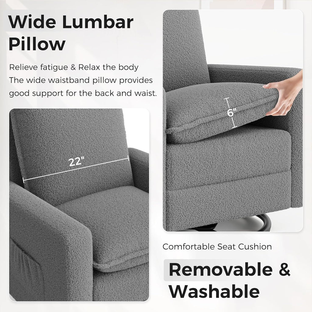 Amopatio Swivel Glider Recliner for Indoor, Nursery Rocker Chair Upholstered Single Sofa with Side Pockets and Footrest for Living Room Bedroom