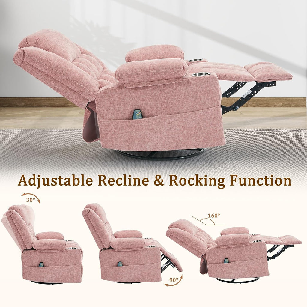 Korser 360° Swivel Rocker Recliner for Adults, Nursery Glider Recliner with Massage and Heating, Rocking Chair with Cup Holder, Manual Recliner Chair for Living Room, Bedroom (Fabric, Pink)