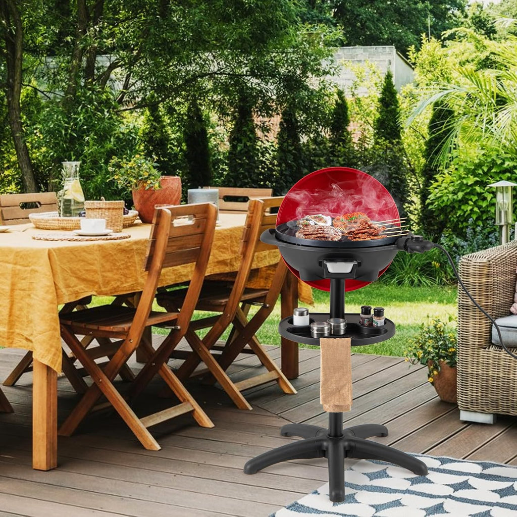 Happygrill Electric Grill Outdoor, 1350W Portable BBQ Grill w/Non-stick Griddle Plate, Temperature Control, Drip Tray, Temperature Control for Patio Camping (Red, 24.5'' Dia x 38.5'' H)