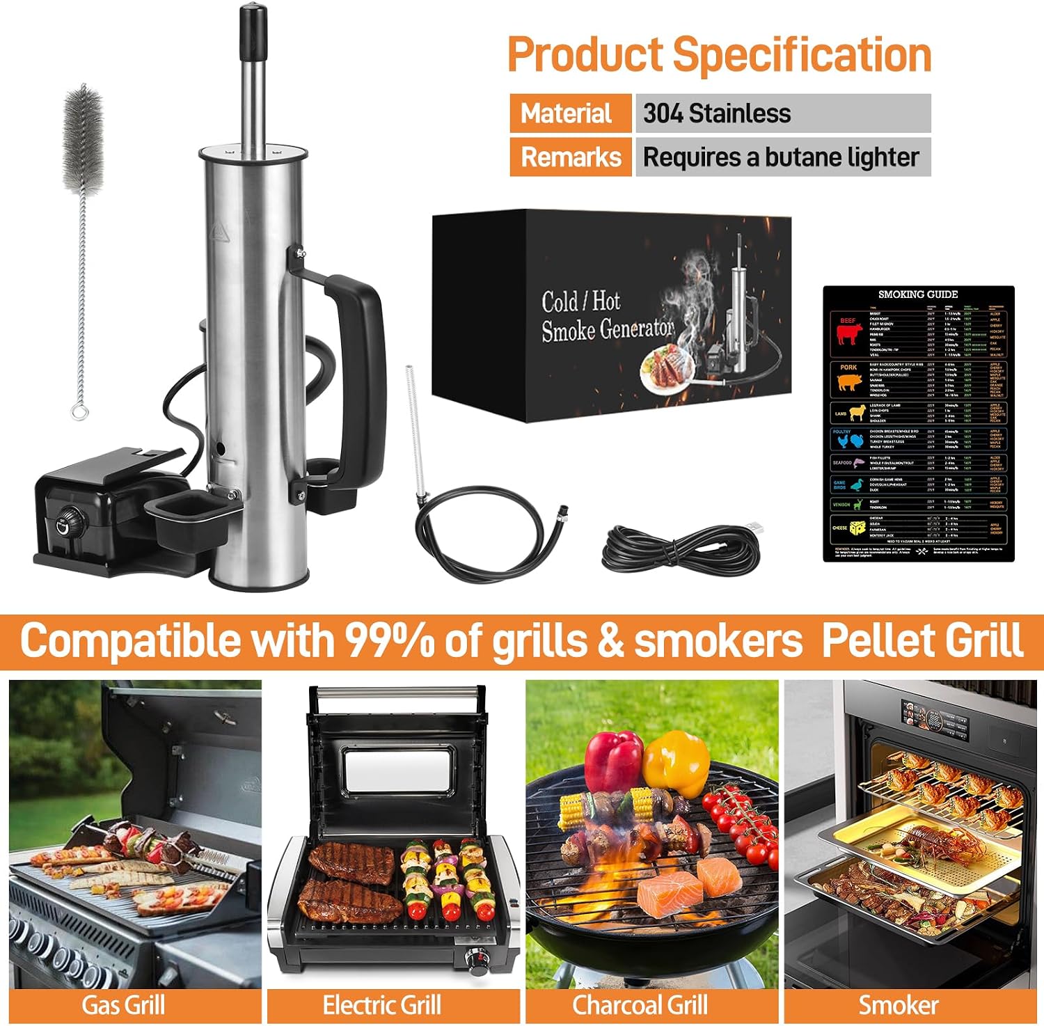 Portable Electric Smoke Generator, Adjustable Smoke Control, Fits 99% Pellet Smokers & Grills, Cold/Hot Smoking Modes for Meats/Salmon/Cheeses, with BBQ Smoker Guide