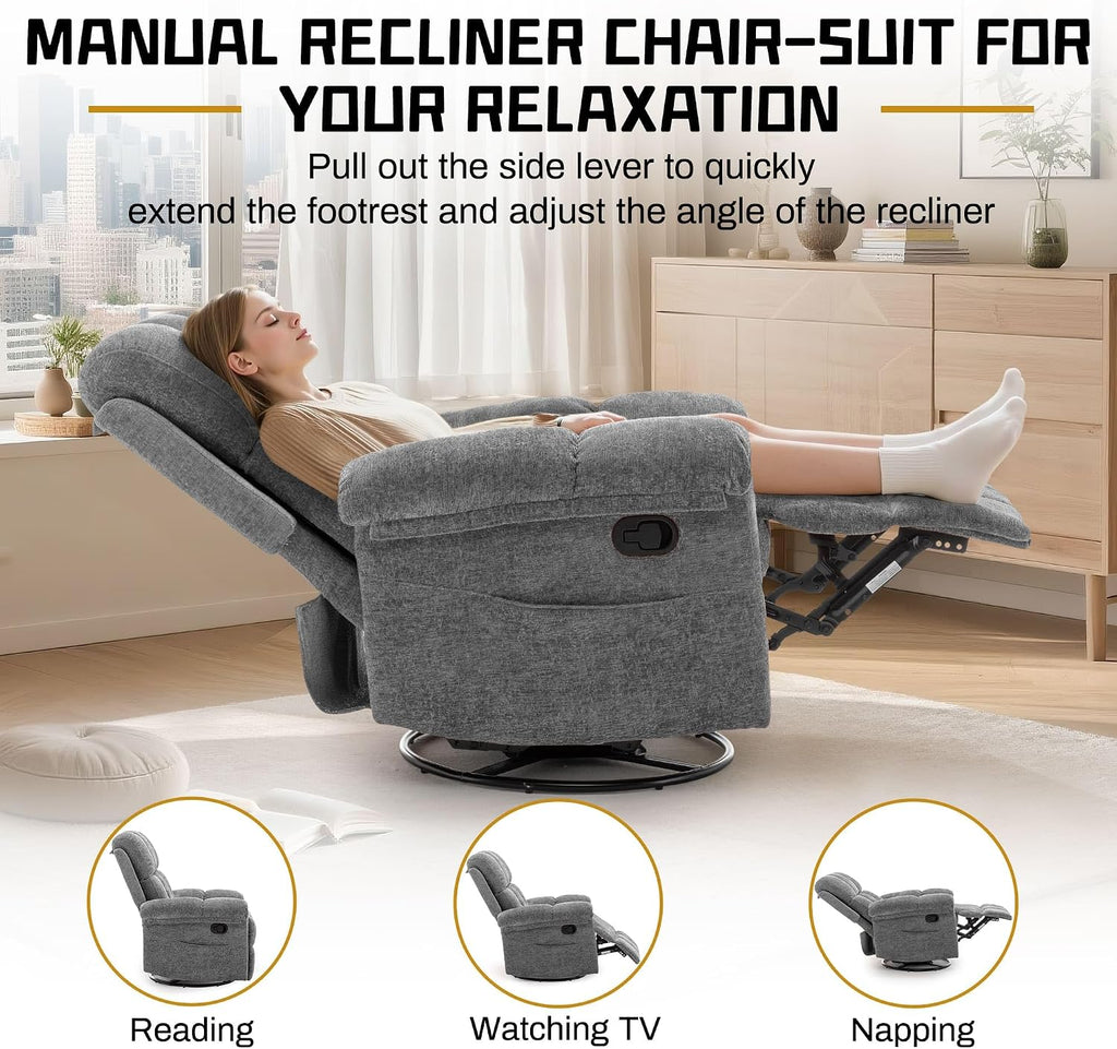 Korser Recliner Chair, Swivel Rocker Recliner Chair for Adults, Small Recliners for Small Spaces, Manual Recliner with Side Pockets, Upholstered Nursery Rocking Chair for Living Room, Chenille, Grey