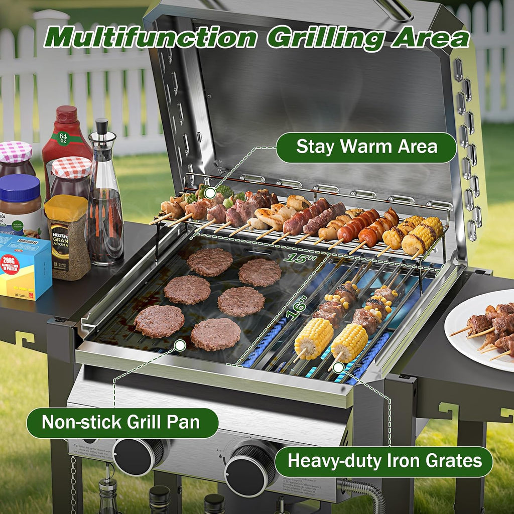 2-Burner Stainless Steel Propane Gas Grill, 16,000 BTU Patio Garden Barbecue Grill with Foldable Shelves, Grates and Griddle Pan for Outdoor Patio Garden Cooking and BBQ