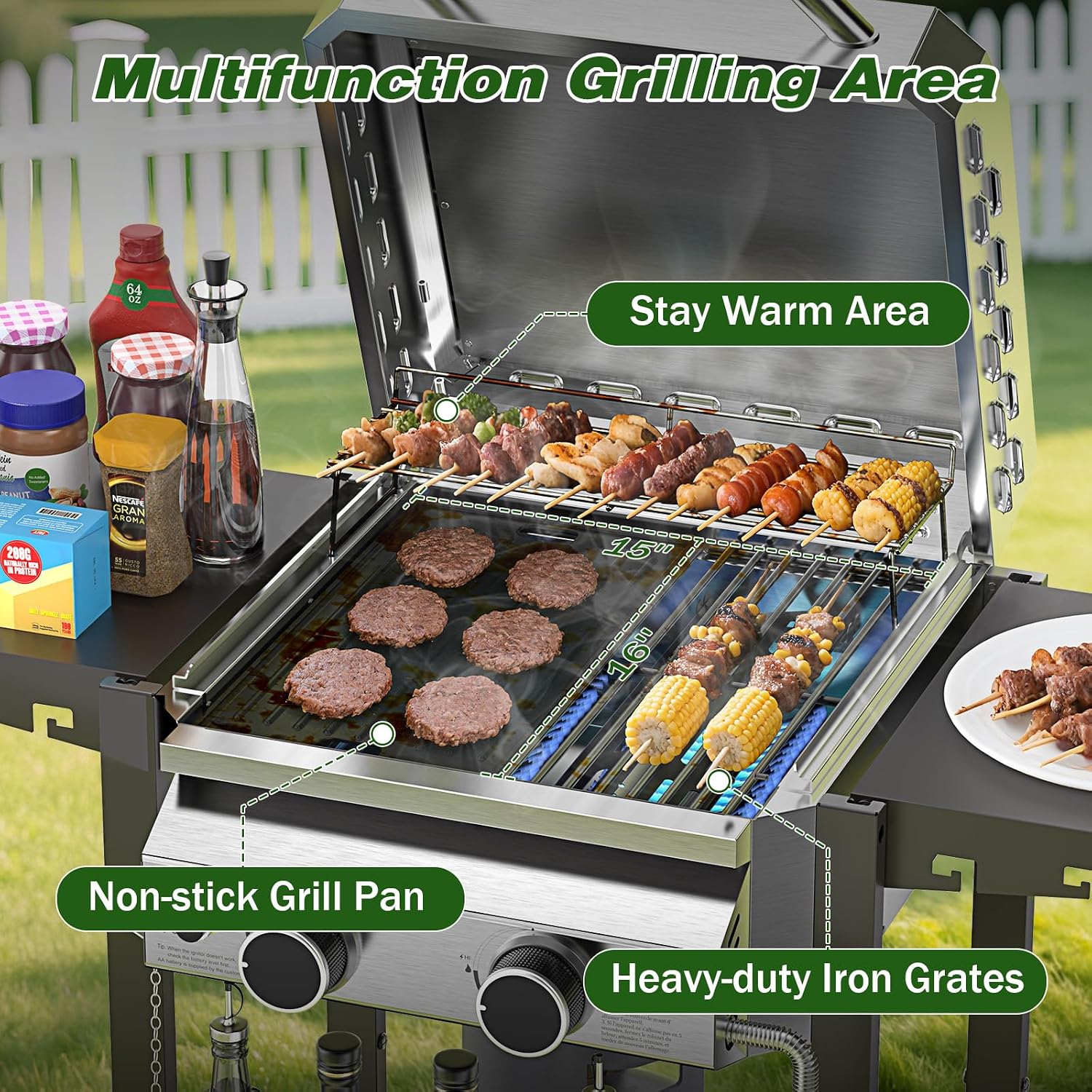 2-Burner Stainless Steel Propane Gas Grill, 16,000 BTU Patio Garden Barbecue Grill with Foldable Shelves, Grates and Griddle Pan for Outdoor Patio Garden Cooking and BBQ