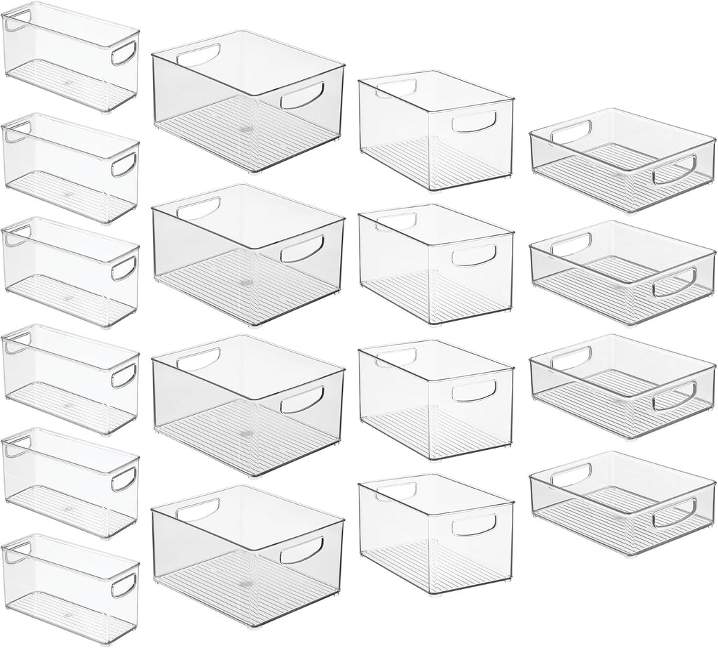 iDesign Stackable Plastic Handle Bin Assortment Set - Storage Organizers for Kitchen, Fridge, Pantry, Home -18 Pack, Clear