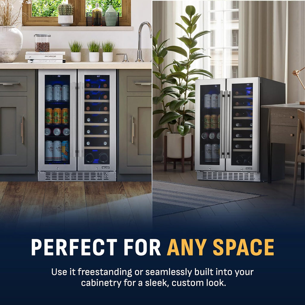 NewAir 24' Dual Zone Beverage Refrigerator & Wine Cooler for 18 Bottles & 60 Cans | Freestanding or Built-In Under Counter Mini Fridge for Beer, Wine and Soda | Stainless Steel