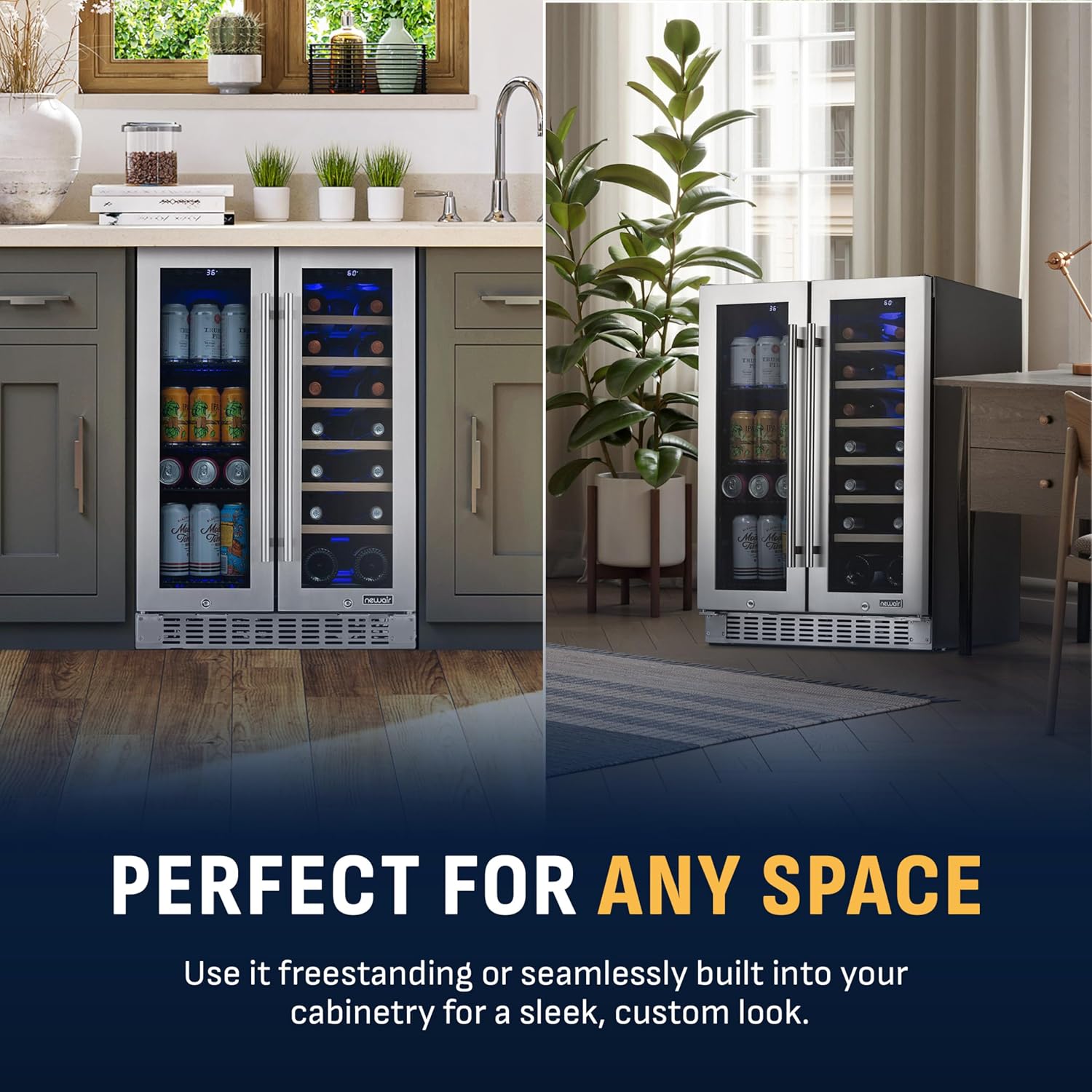 NewAir 24' Dual Zone Beverage Refrigerator & Wine Cooler for 18 Bottles & 60 Cans | Freestanding or Built-In Under Counter Mini Fridge for Beer, Wine and Soda | Stainless Steel