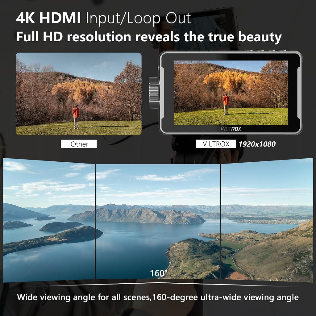 VILTROX DC-550 Pro Touchscreen Camera Field Monitor 4K HDMI (5.5 Inch) DSLR Camera Monitor with Battery Sunshade Hood 3D Lut Peaking Focus Assist 1200 nits 160° Wide View Angle DC 12V Type-C 5V in