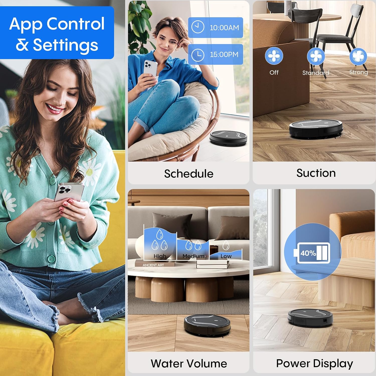 Bagotte Robot Vacuum and Mop Combo, 3-in-1 Robotic Vacuum Cleaner, 5000Pa Strong Suction with Auto Recharging,Tangle Free, Timing Function, App/WiFi/Voice/Remote for Hard Floor and Pet Hair
