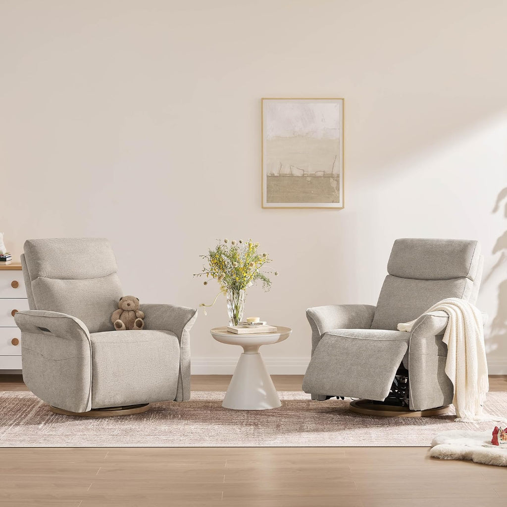 CHITA Power Recliner Chair, Electric Triple-Motor Swivel Glider Nursery Rocking Chair with Adjustable Power Headrest and Lumbar Support, GREENGARD Gold Certified, Solid Wood Base, Khaki Grey