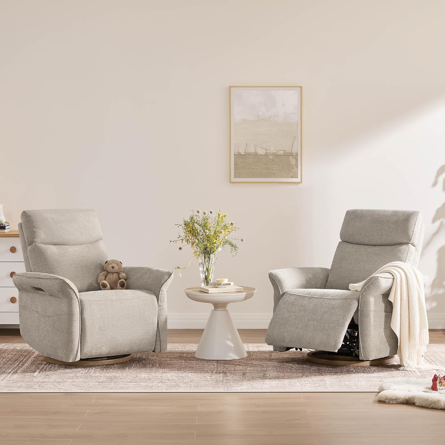 CHITA Power Recliner Chair, Electric Triple-Motor Swivel Glider Nursery Rocking Chair with Adjustable Power Headrest and Lumbar Support, GREENGARD Gold Certified, Solid Wood Base, Khaki Grey