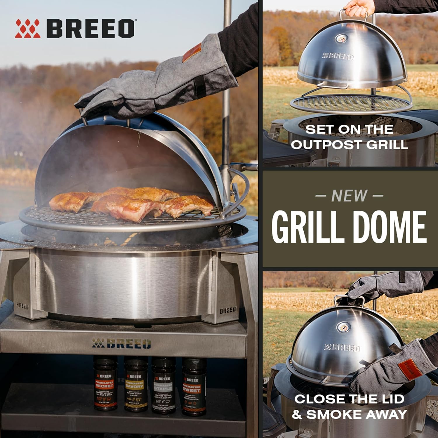 Breeo Grill Dome Hinged Stainless Steel Dome w/Built-in Thermometer, Griddle Accessories Kit, Outdoor Set for Live-Fire Cooking Fits X/24, X/30 Series - Outpost Grill Required