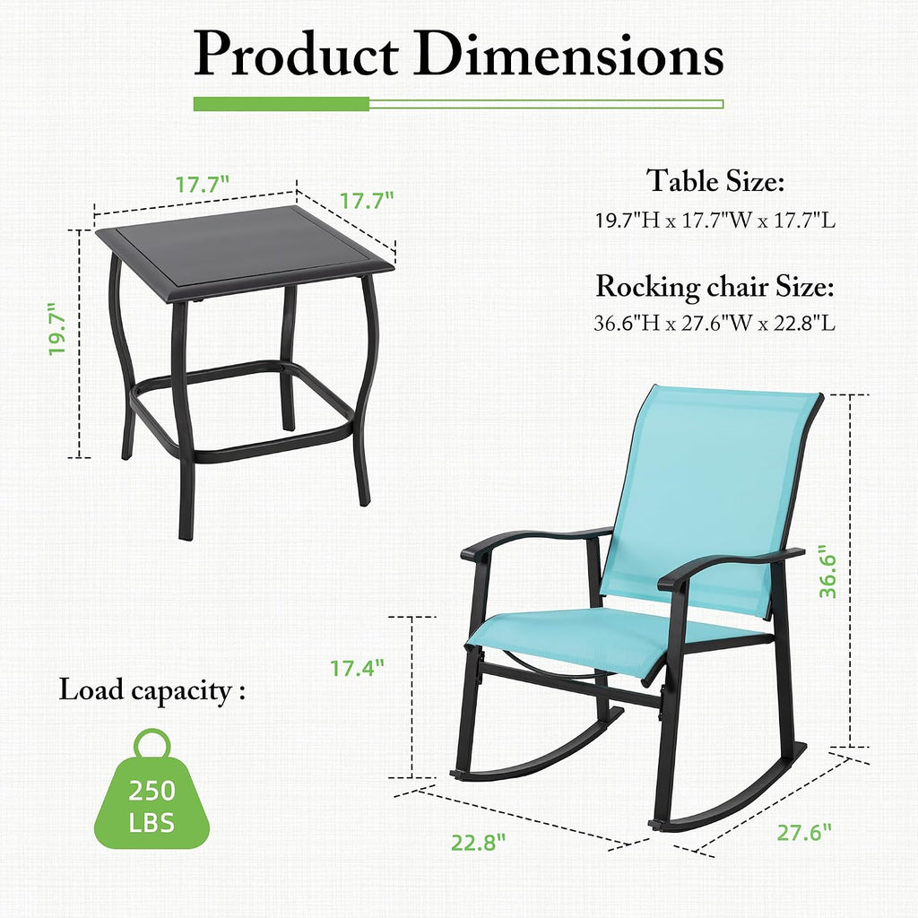 Shintenchi 3 Piece Rocking Bistro Set, Outdoor Furniture with Rocker Chairs and Glass Coffee Table Set of 3, Balcony, Porch Furniture for Small Space, Blue