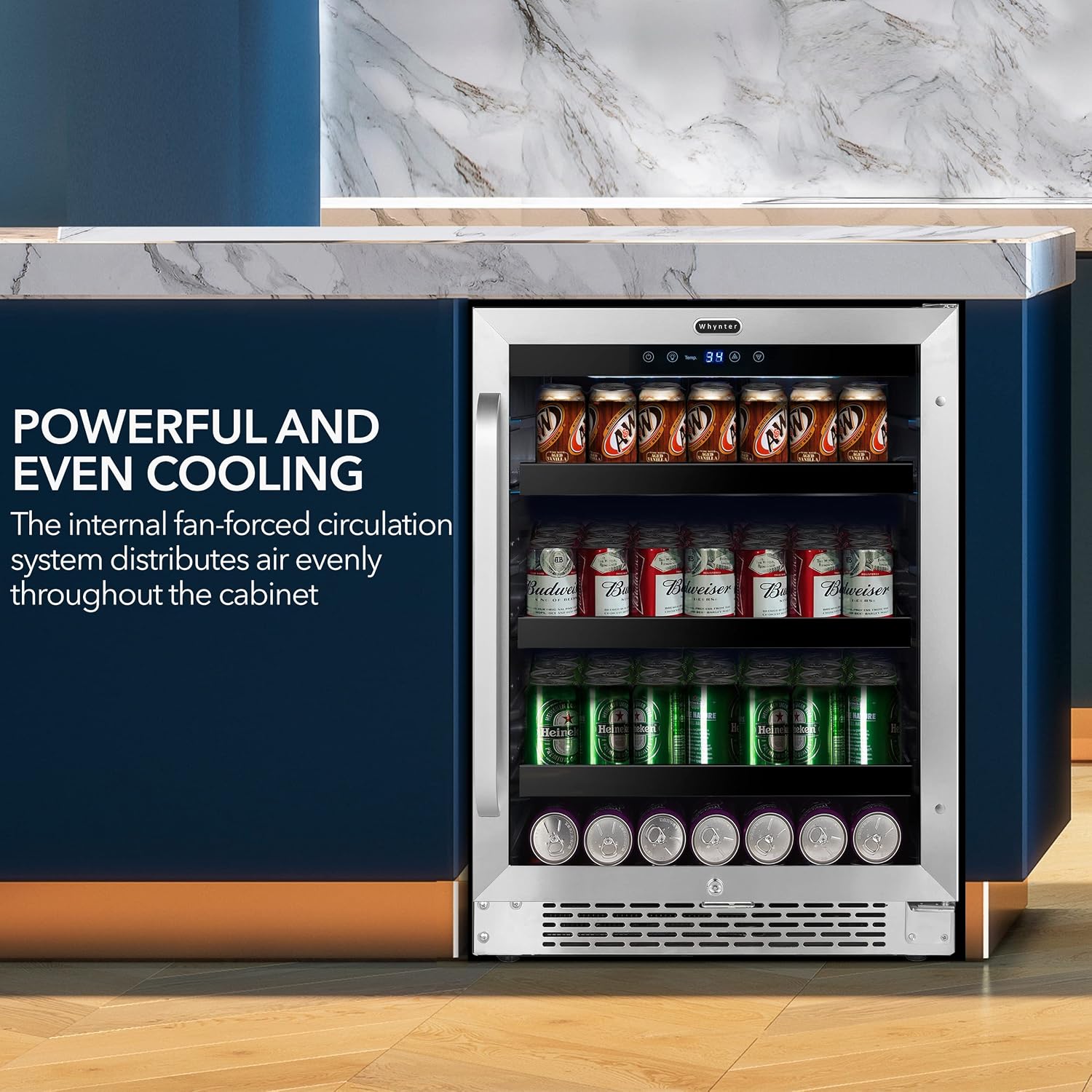 Whynter 180 BBR-148SB Built-in 182 Can Undercounter Beverage Refrigerator with Reversible Door, Digital Control and Lock, 5.1 Cubic Feet, Stainless Steel