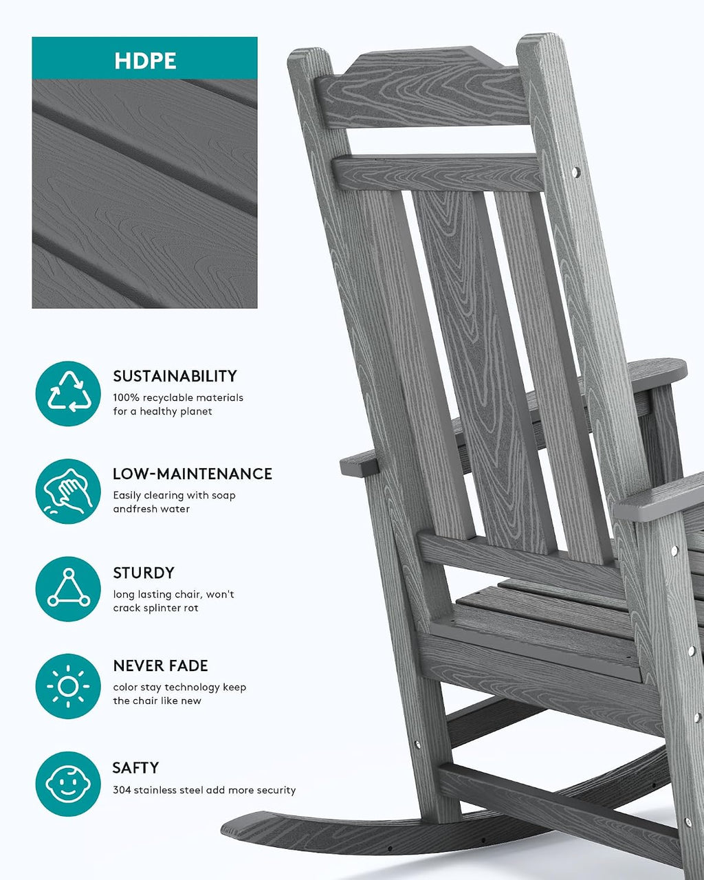 SERWALL Oversized Outdoor Rocking Chair Set of 4, All Weather Patio Rocking Chair, HDPE Poly Rocking Chair for Adults, Heavy Duty Front Porch Rocker,Unique Gray