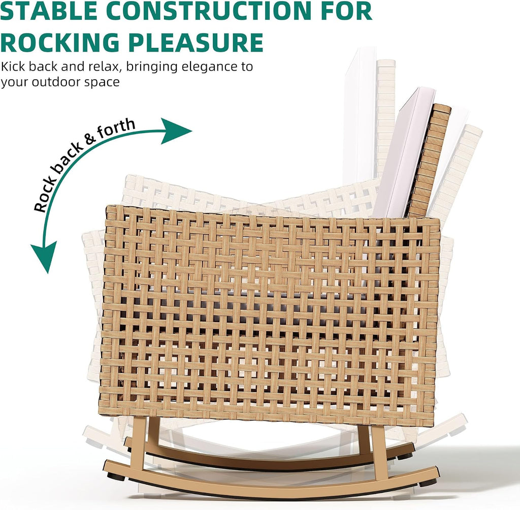 YITAHOME 3 Pieces Patio Wicker Rocking Chair Set, Outdoor Patio Furniture Set with Rattan Side Table, Thickened Cushions, Rocker Patio Chairs Set for Porch, Poolside, and Yard, Beige