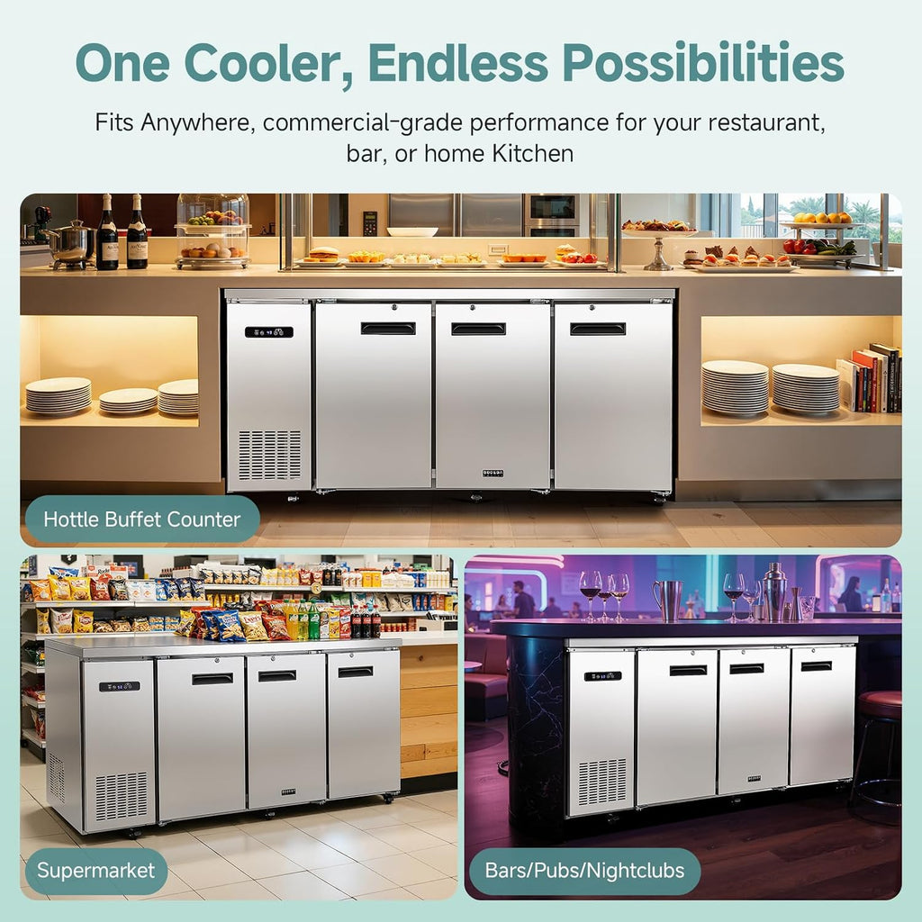 BODEGA BODEGACOOLER Commercial Bar Cooler with 3 Solid Doors, 20.5 Cu.Ft Back Bar Beverage Refrigerator for Beer Soda Wine,LED Light, Stainless Steel Top,6 Casters for Kitchen Buffet Table Use