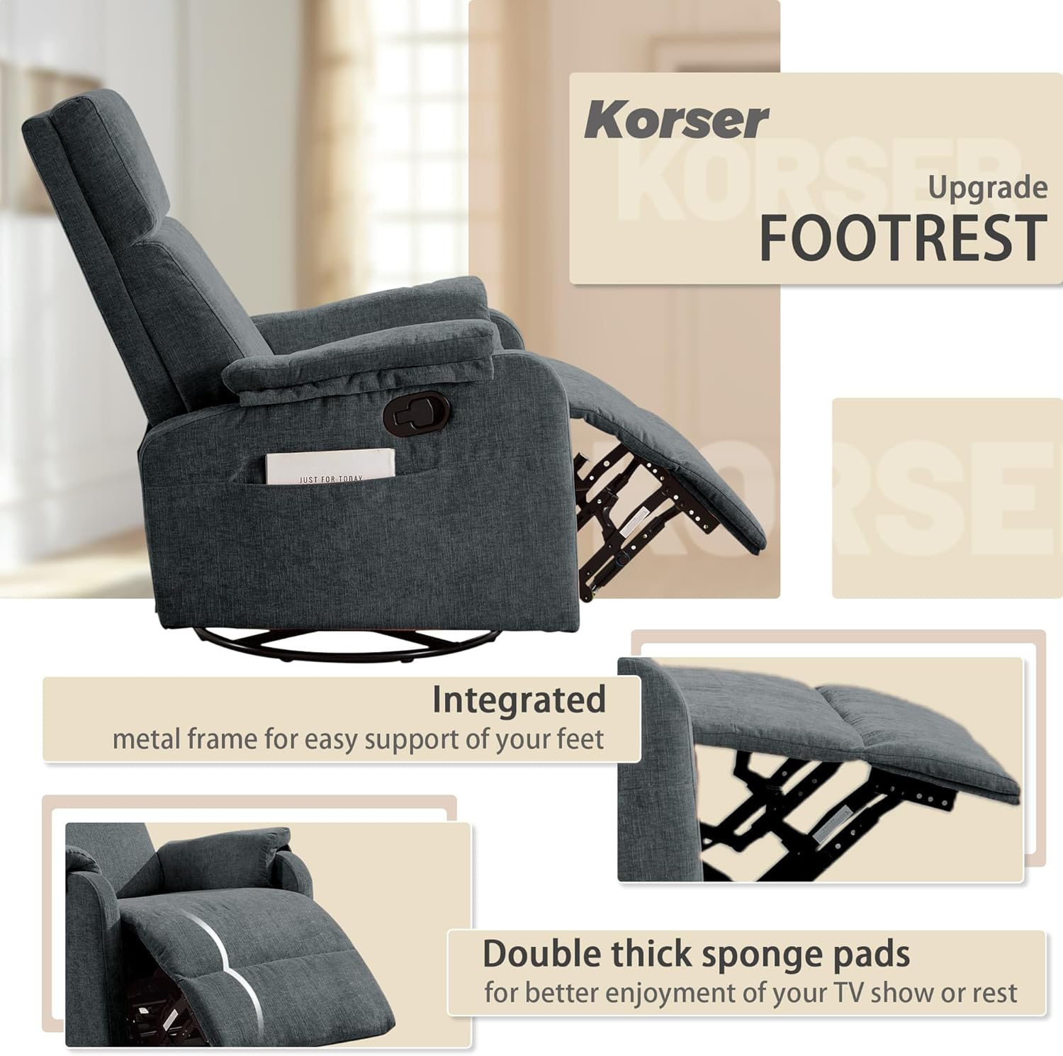 Korser Recliner Chair, Swivel Rocking Recliner Chair for Adults, Glider Rocking Chair, Small Nursery Chair Recliner for Living Room, Reclining Chair with Modern-Designed Armrests,Chenille,Darkgrey