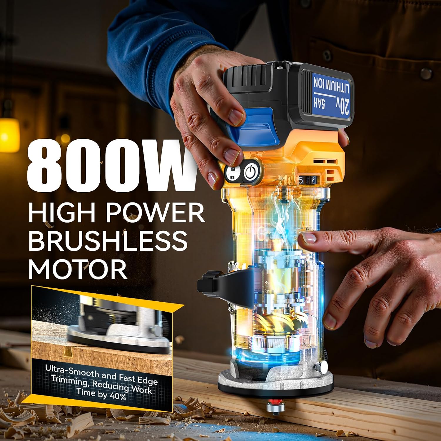 MtiolHig Cordless Compact Router Compatible with Dewalt 20V Battery, With 1 x 5.0Ah Rechargeable Battery, 6 Pcs Router Bits for Woodworking, Router With Trim Bits, Edge & Roller Guide