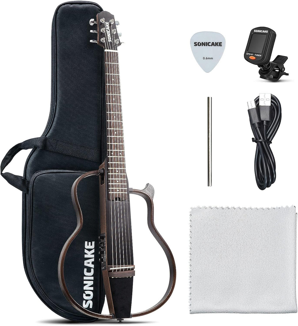 SONICAKE Acoustic Electric Travel Guitar, Portable Practice Guitar Kit, Solid Mahogany Body, Easy Assemble Frames, Multi Body-Shape Sim Rechargeable Preamp, Gig Bag, All Accessories QGT-01