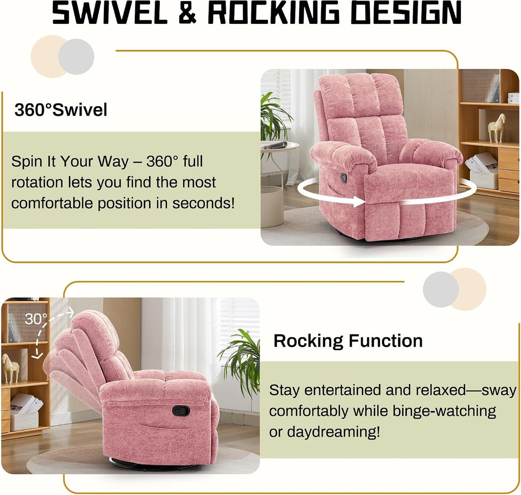 Korser Recliner Chair, Swivel Rocker Recliner Chair for Adults, Small Recliners for Small Spaces, Manual Recliner Chair with Side Pockets, Nursery Rocking Chair for Living Room, Chenille, Rose Pink