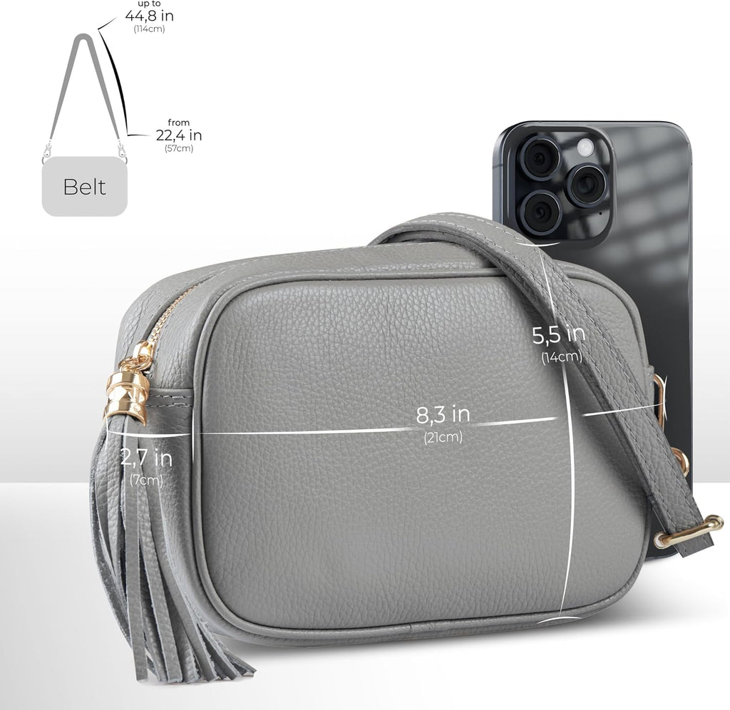 Italian Calf Leather Crossbody Bag for Women with Tassel Zipper | Small Camera Purse Shoulder Handbag Pocketbook