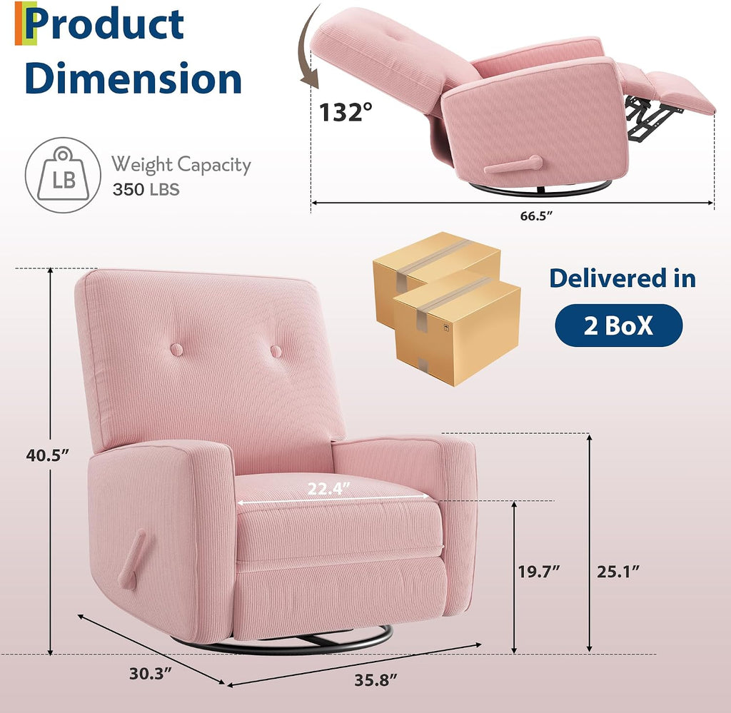 IDEALHOUSE Recliner Chair, 360° Swivel Rocking Glider Chair for Adults with Adjustable Backrest & Footrest, Cozy Corduroy Upholstered Armchair for Living Rooms, Bedrooms, Apartments, Pink