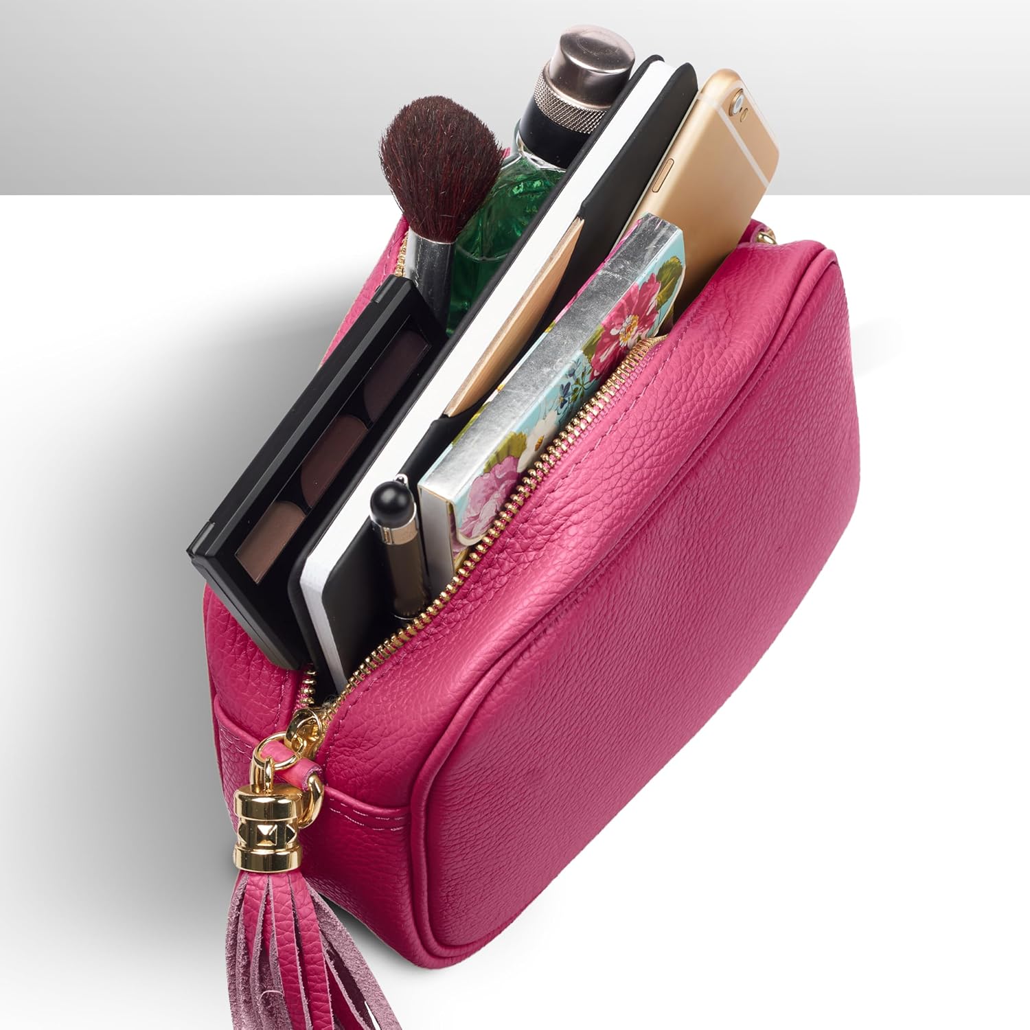 Italian Calf Leather Crossbody Bag for Women with Tassel Zipper | Small Camera Purse Shoulder Handbag Pocketbook