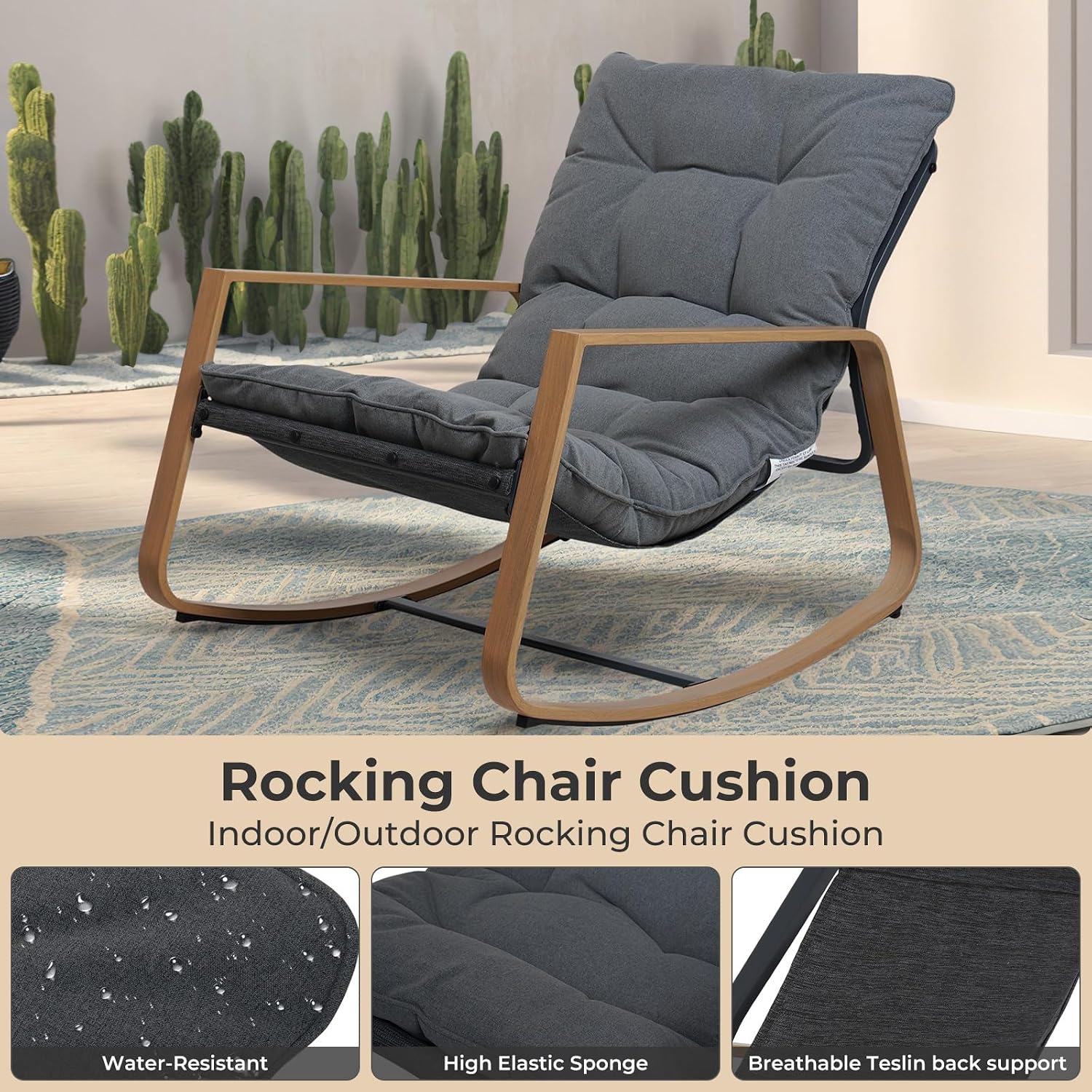 Grand patio Outdoor Rocking Chair, Modern Patio Rocking Chair, 30° Smooth Gliding Motion,Comfortable Padded Seat-Easy Assembly, Living Room, Balcony, Porch, Patio, Garden, Lawn -Dark Grey
