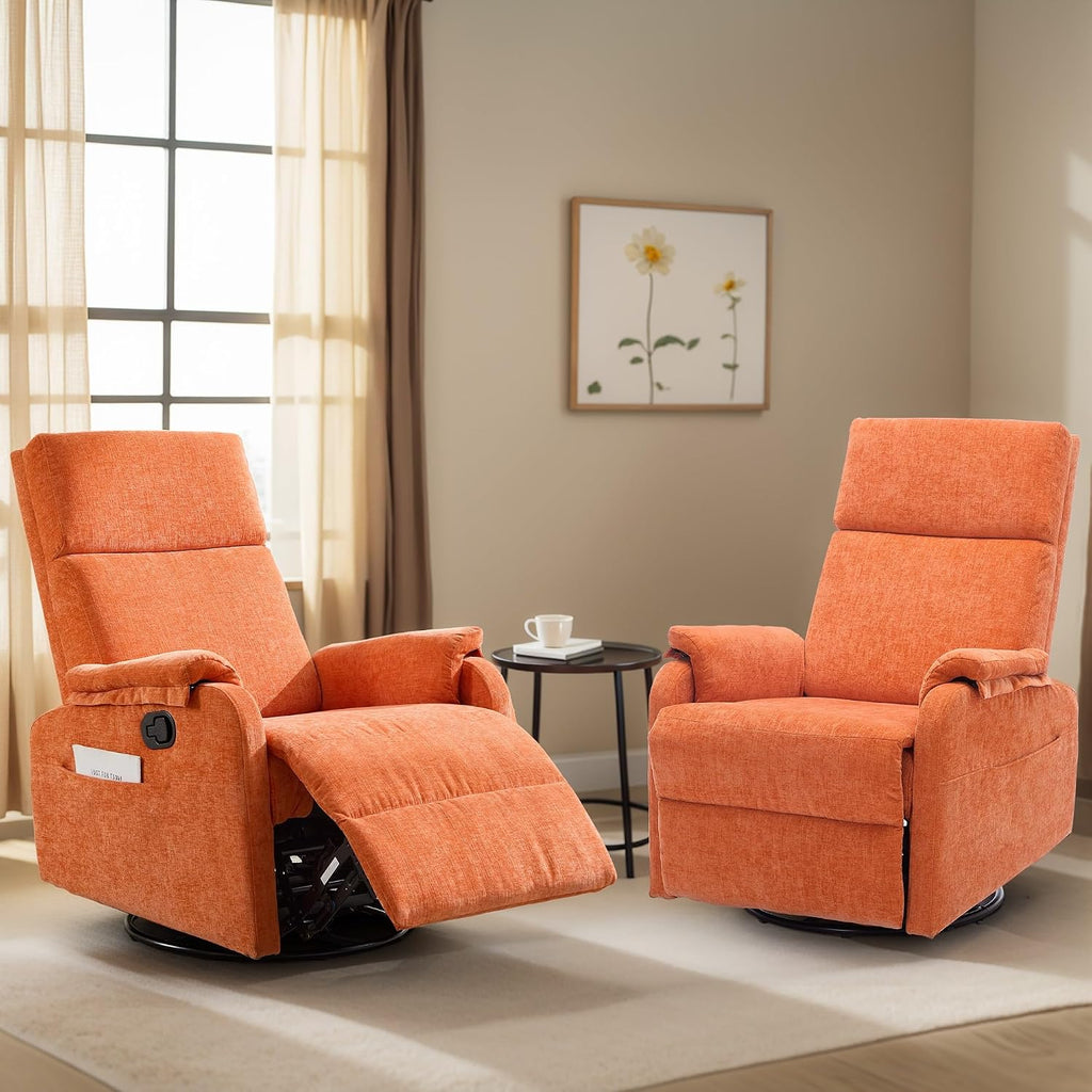 Korser Recliner Chair, Swivel Rocking Recliner Chair for Adults, Glider Rocking Chair, Small Nursery Chair Recliner for Living Room, Reclining Chair with Modern-Designed Armrests, Chenille, Orange