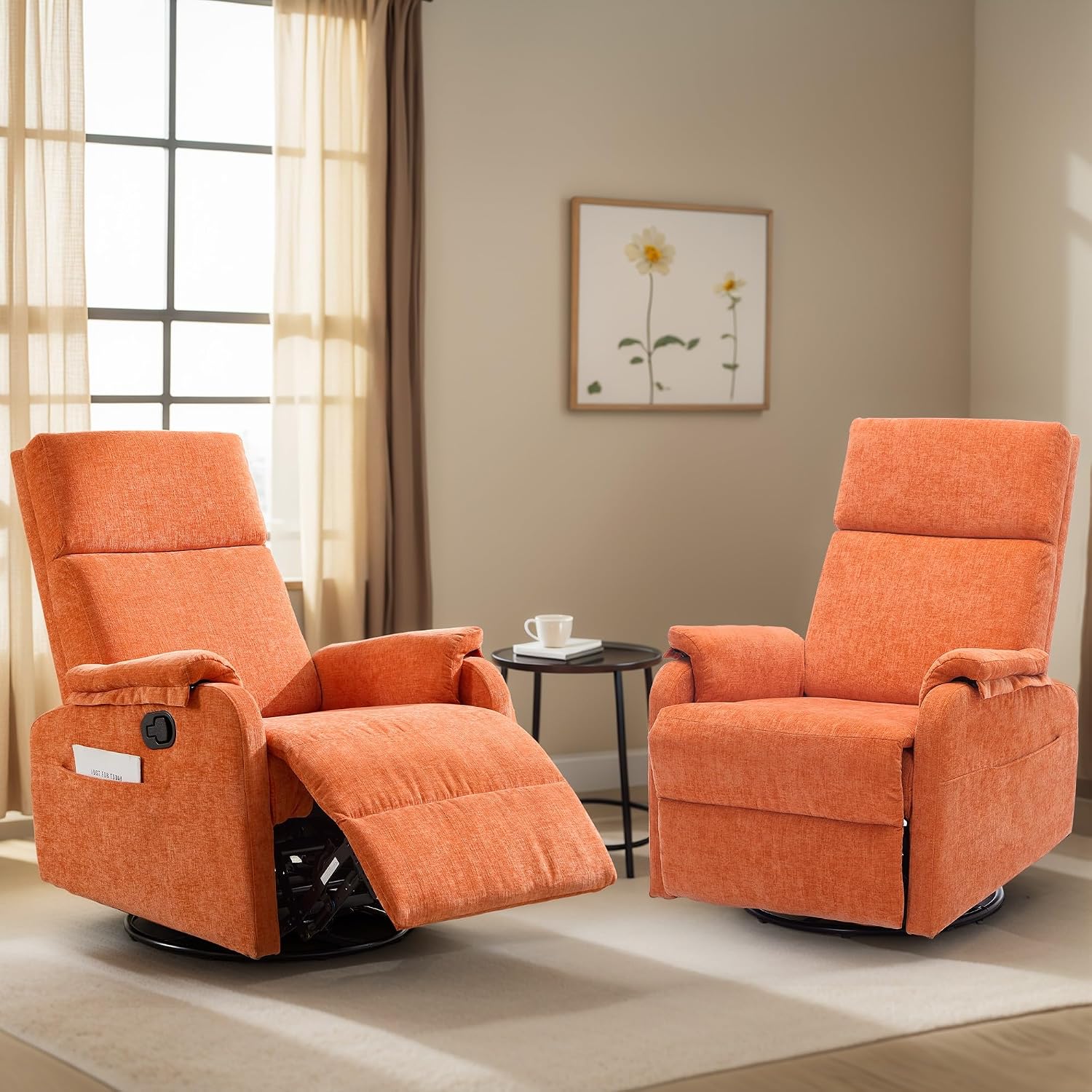 Korser Recliner Chair, Swivel Rocking Recliner Chair for Adults, Glider Rocking Chair, Small Nursery Chair Recliner for Living Room, Reclining Chair with Modern-Designed Armrests, Chenille, Orange