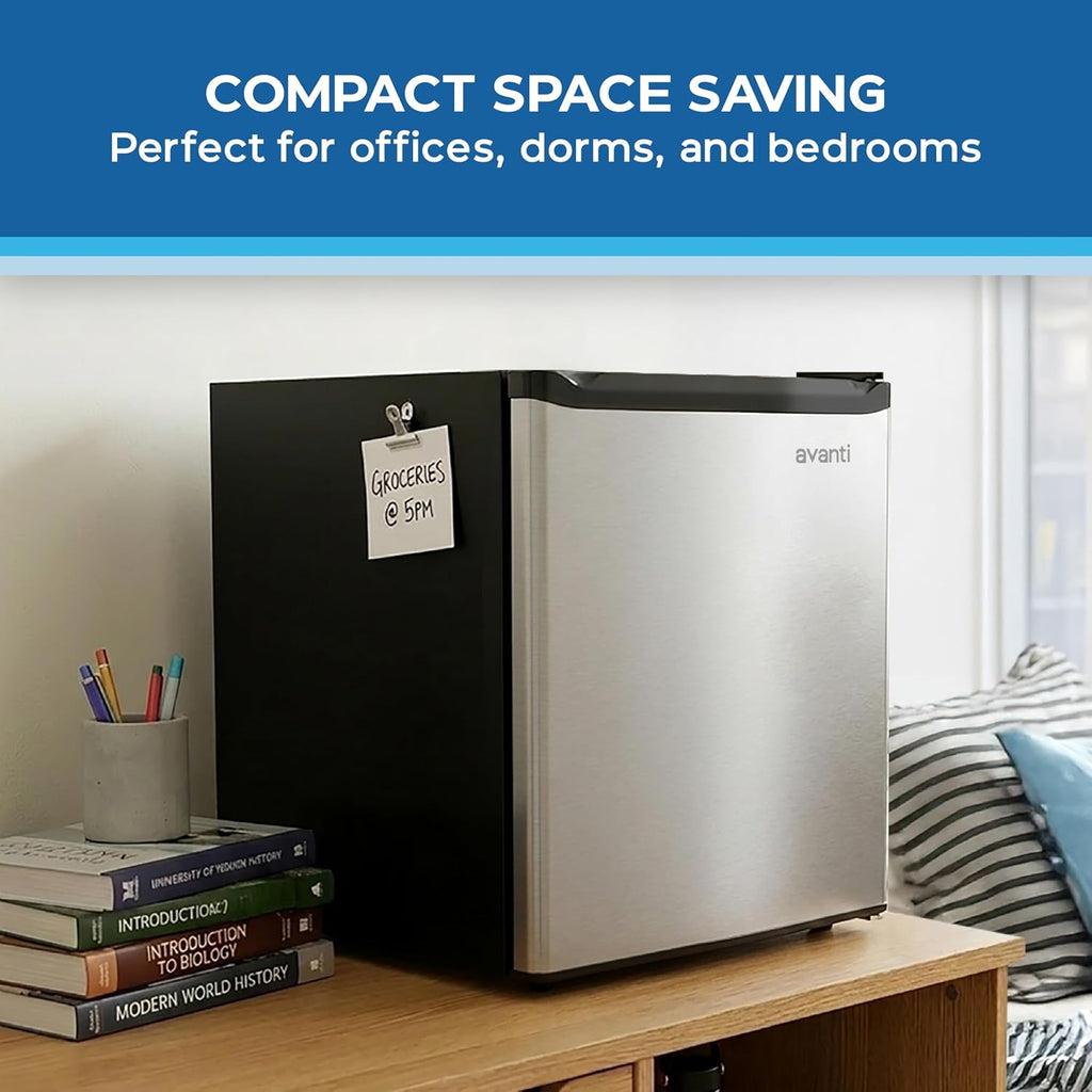 Avanti Mini Fridge 1.6 Cu. Ft. Compact Refrigerator for Dorm, Office & Bedroom, Chiller Compartment, Glass Shelf, Reversible Door with Automatic Defrost, ENERGY STAR, Stainless Steel