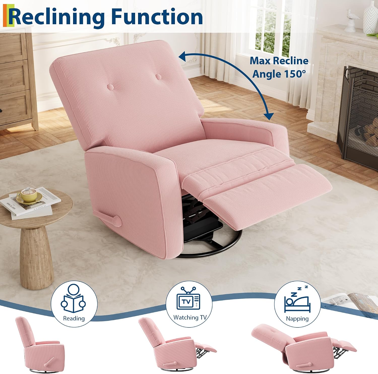 IDEALHOUSE Recliner Chair, 360° Swivel Rocking Glider Chair for Adults with Adjustable Backrest & Footrest, Cozy Corduroy Upholstered Armchair for Living Rooms, Bedrooms, Apartments, Pink