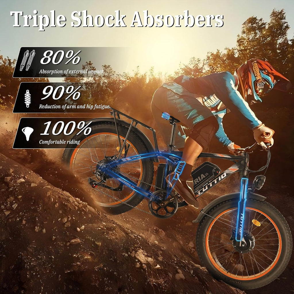 TUTTIO Adria26 5000W/6000W Dual Motor Ebike, 40-46MPH Electric Bike for Adults, 26' x 4' Fat Tire Electric Mountain Bike, 52V 25AH E-Bike Full Suspension Electric Dirt Bike for Off-Road Hunting