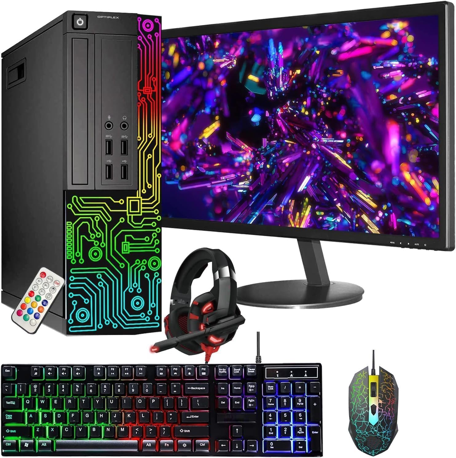 Dell Gaming OptiPlex Desktop RGB Computer PC, Intel Core i7, GeForce GT 1030 2GB GDDR5, 16GB RAM, 512GB SSD, 24 Inch HDMI Monitor, Keyboard Mouse and Headset, WiFi, Windows 11 Pro (Renewed)
