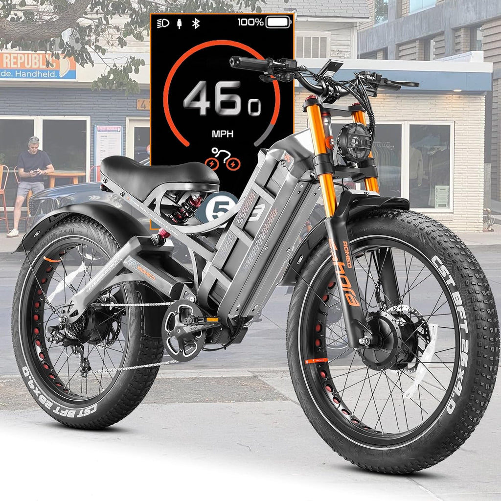 2026 eAhora Romeo Pro 3 Electric Bike for Adult, Peak 5600W Dual Motor, 50mph, 60V 80Ah Battery, 250 Miles Long Range, 26'*4.0 Fat Tire, Air Suspension, App, Commute, Delivery, All-terrian