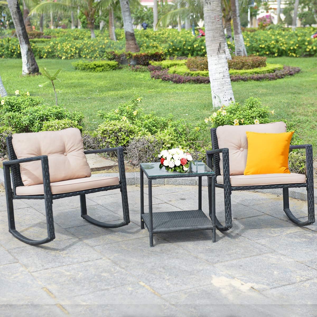 Tangkula 3 Pieces Patio Wicker Rocking Set, Outdoor Rocking Chairs and Table Set with Cushions, Glass Coffee Table with Storage Shelf, Suitable for Patio, Garden, Poolside, Balcony (Beige)