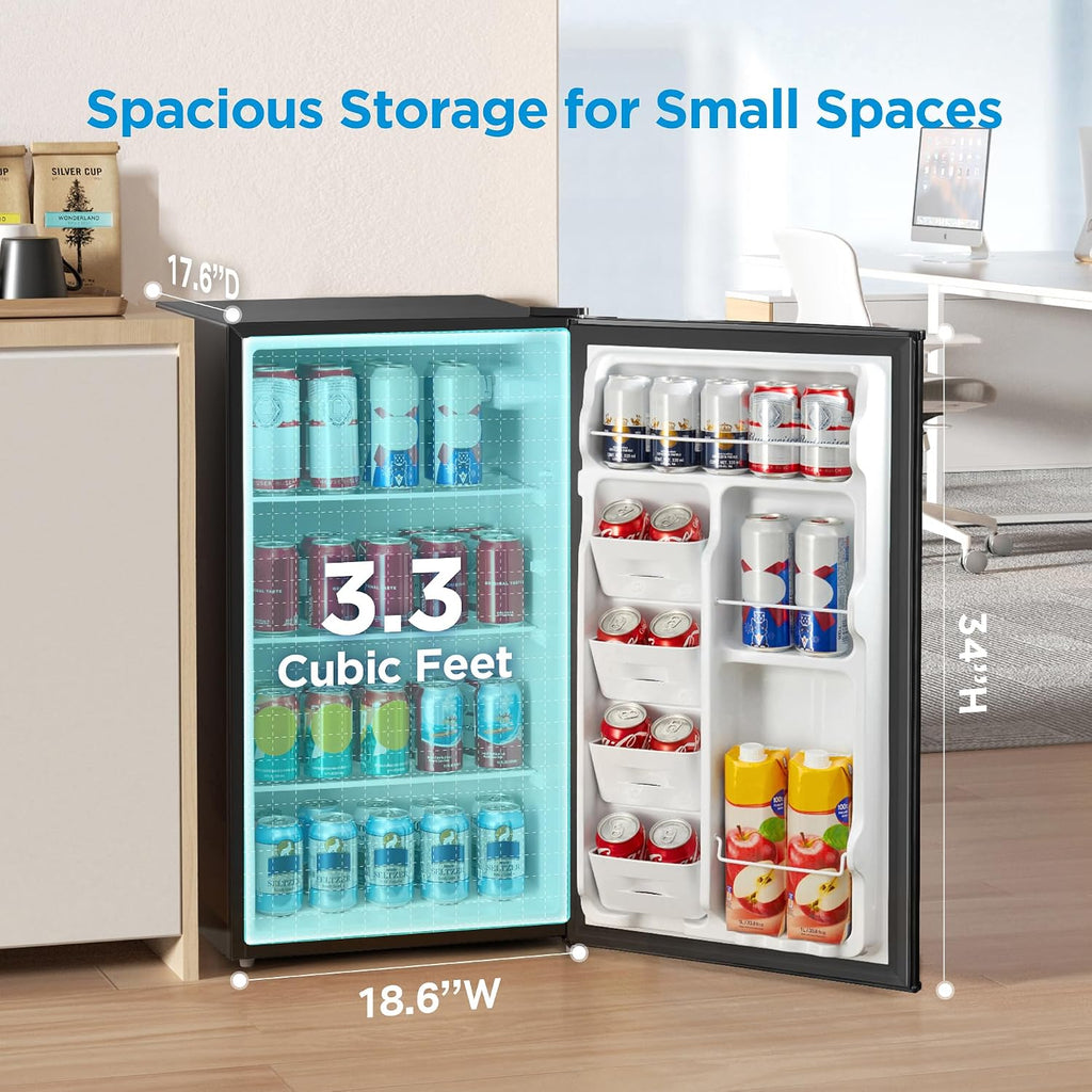 Midea MERM33S1ABB Mini Fridge, 3.3 Cu.ft Compact Fridge with Internal Light, Adjustable Thermostat, Reversible Door, Low Noise for Dorm, Office, Bedroom Black