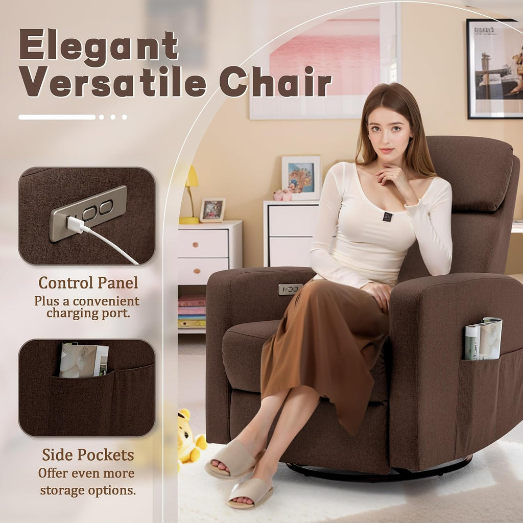 Korser Power Swivel Recliner Chairs for Adults, Electric Glider Rocking Chair Nursery, Glider Recliner Nursery Chair with Classified Side Pocket, Nursery Rocking Chairs with USB and Type-C Ports