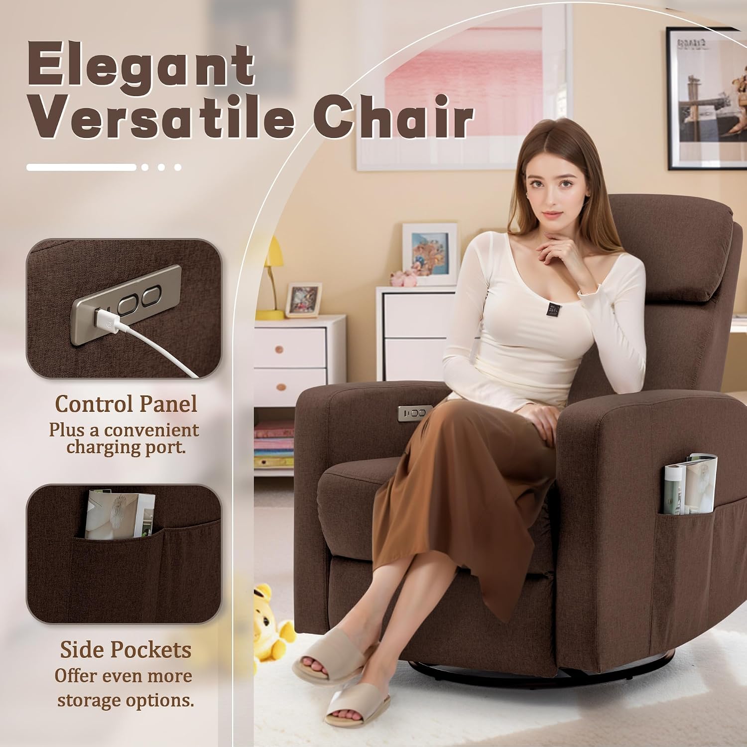 Korser Power Swivel Recliner Chairs for Adults, Electric Glider Rocking Chair Nursery, Glider Recliner Nursery Chair with Classified Side Pocket, Nursery Rocking Chairs with USB and Type-C Ports